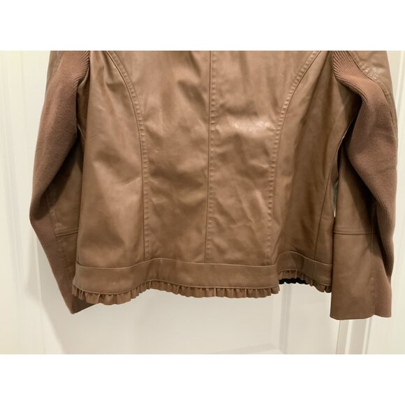 Chicos Jacket Small (1) Brown Vegan Faux Leather Sleeves Ruffle Trim Zip Lined - Picture 8 of 12